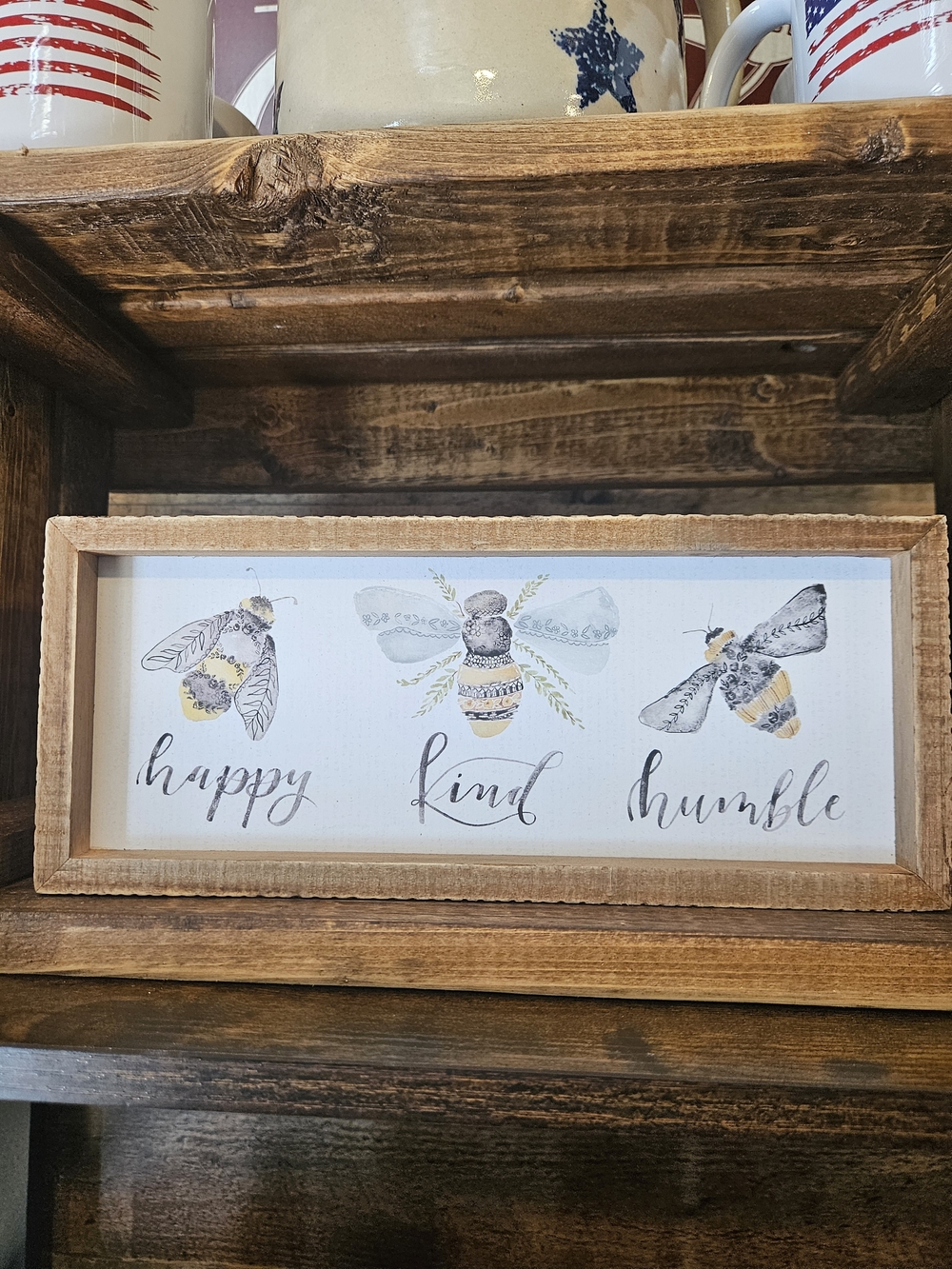 Rustic Bee Trio Wall Sign - Happy Kind Humble - Neutral Yellow and Gray